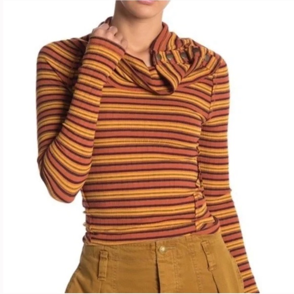 Free People Striped Cape Cod Cowl Neck Thermal Long Sleeve Shirt Top Orange XS - Picture 1 of 8